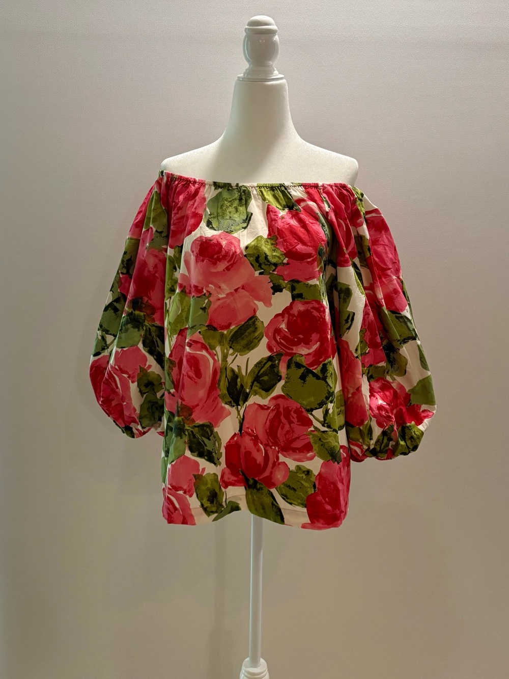Frances Valentine Vintage Off-Shoulder Rose Print Blouse in Pink and Green